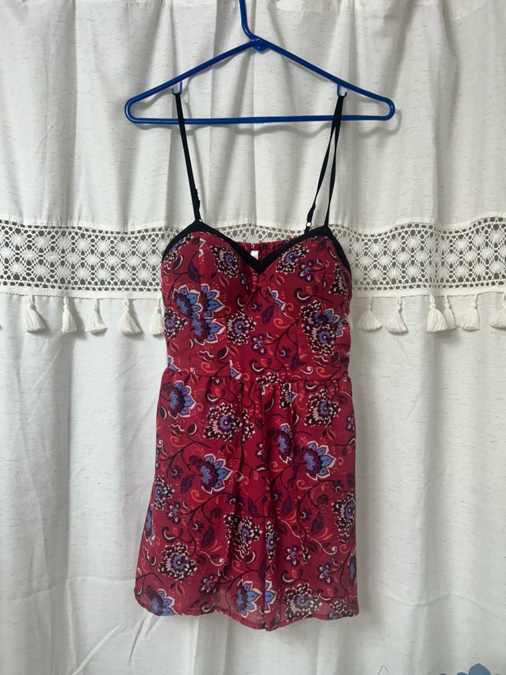 Xhilaration Red Floral Lace-Trim Slip with Black Straps